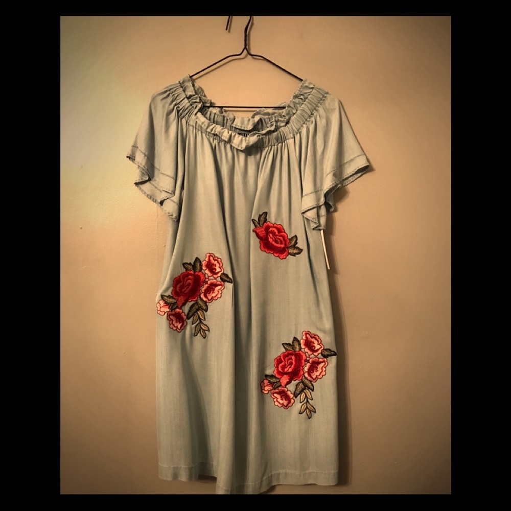 Floral embroidered light indigo dress